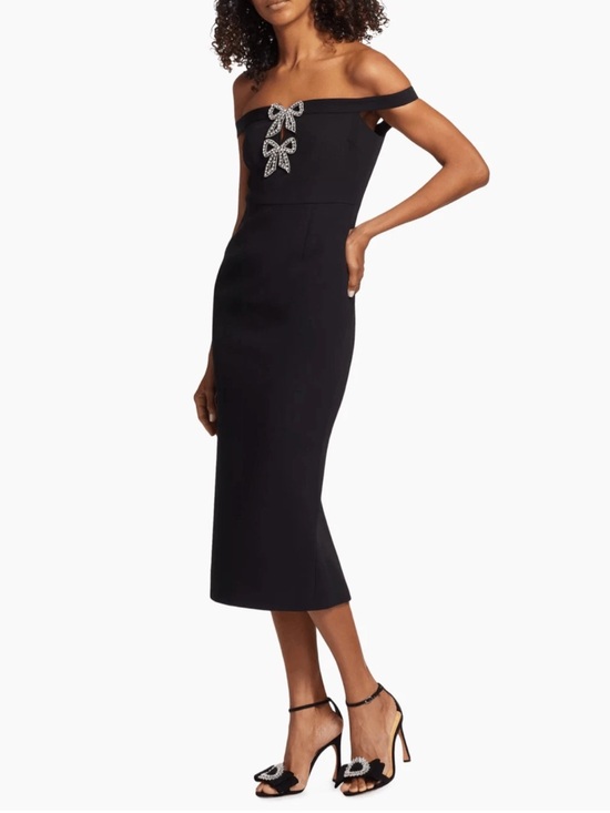 Self-Portrait Dresses & Skirts - Self-Portrait Diamante Bow Crepe Off-the-Shoulder Midi Dress Women 2 Black